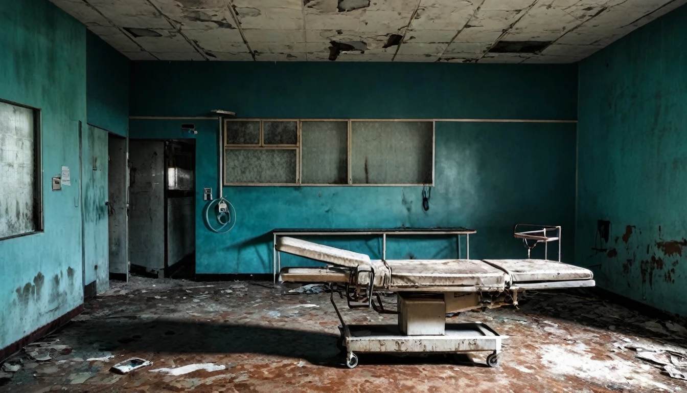 Rusty operating tables and medical equipment were scattered around..、Abandoned hospital with black stains on the wall