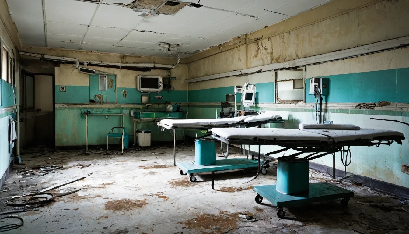 Rusty operating tables and medical equipment were scattered around..、Abandoned hospital with black stains on the wall