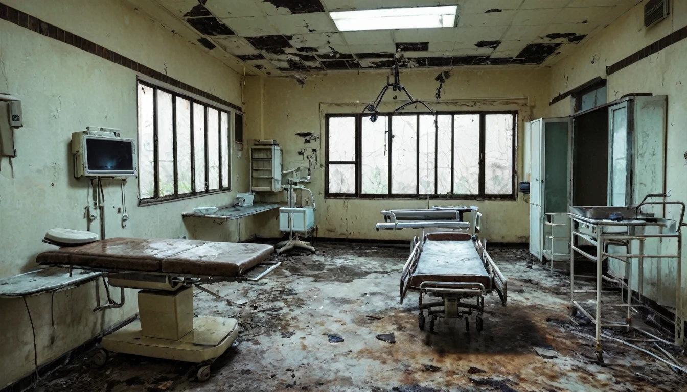 Rusty operating tables and medical equipment were scattered around..、Abandoned hospital with black stains on the wall