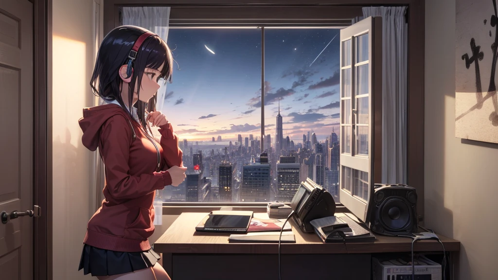 Ultra-high resolution, 8k, (Masterpiece, beautifully、mysterious:1.2), beautiful, Works by Makoto Xin Haicheng, Lofi Art Style, Lo-fi feel, Perfect human body engineering, 1 female, profile, mysteriousな瞳, Hoodie, uniform and short skirt, Shiny long black hair, Larger than average bust, Listening to music through headphones, Looking out the window, City Room, A room for music lovers, city view from the window, Impressive cityscape, Bright Sky, meteor, Wide angle, Before dusk