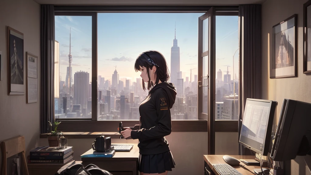 Ultra-high resolution, 8k, (Masterpiece, beautifully、mysterious:1.2), beautiful, Works by Makoto Xin Haicheng, Lofi Art Style, Lo-fi feel, Perfect human body engineering, 1 female, profile, mysteriousな瞳, Hoodie, uniform and short skirt, Shiny long black hair, Larger than average bust, Listening to music through headphones, Looking out the window, City Room, A room for music lovers, city view from the window, Impressive cityscape, Bright Sky, meteor, Wide angle, Before dusk