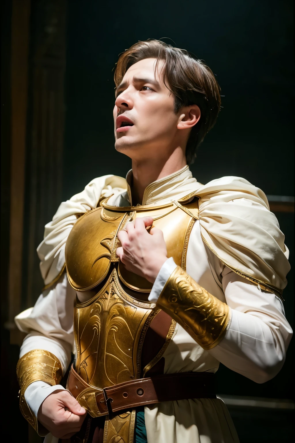 Hamlet's figure is elaborately portrayed down to the smallest detail. The flowing philosophical lines emanating from his mouth exude power and charisma. Yet, on the other hand, his father's sudden death can be seen weighing heavily on his mind as anguish. This image, whether painted or photographed, captures his presence, dignity and anguish. Every aspect of him is perfectly rendered, from the intricate details of his clothing to the melancholy of his gaze. This is a stunning representation of a legendary figure, brought to life with masterful artistry and skill.
"There are more things in heaven and earth, Horatio
Than are dreamt of in your philosophy."
(Hamlet, Act 1, Scene 3, lines 159-160)
--ar
16:9, highly detailed image, Canon 1Ds 24 mm f/2
--style
raw
