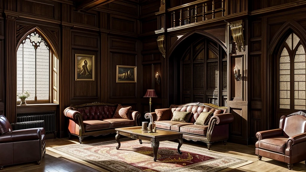 Gryffindor Common Room,Large chat room,Fantasy,middle ages,sofa,Heating stove,Stairs with handrails leading to the men's and women's dormitories,Wood warmth,Warm lighting,redい絨毯,red《Harry potter》
