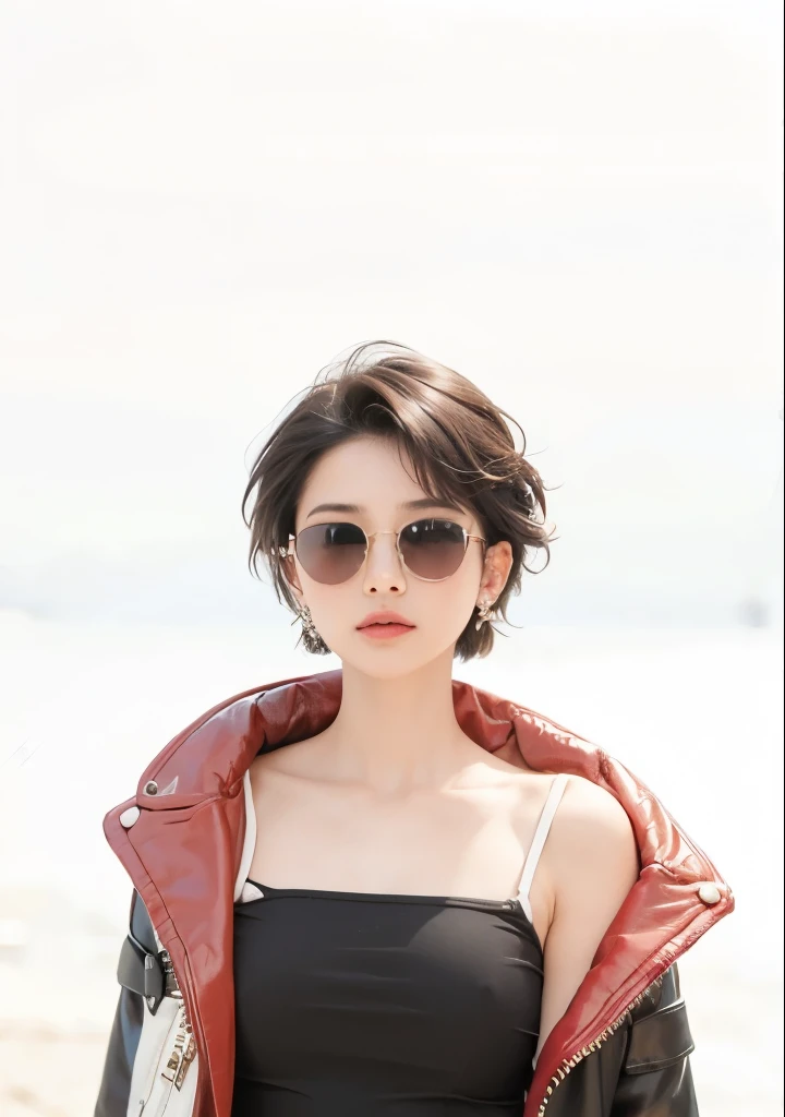 Preety woman, short hair, black hair,dark brown eyes , Wearing sunglasses and white earrings,The facial expression looked worried ,Wearing a red leather jacket