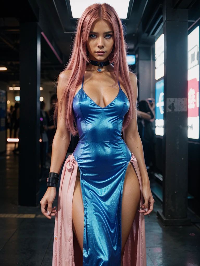 (cyberpunk) pink hair, straight hair, woman in long dress, tanned skin, blue eyes.