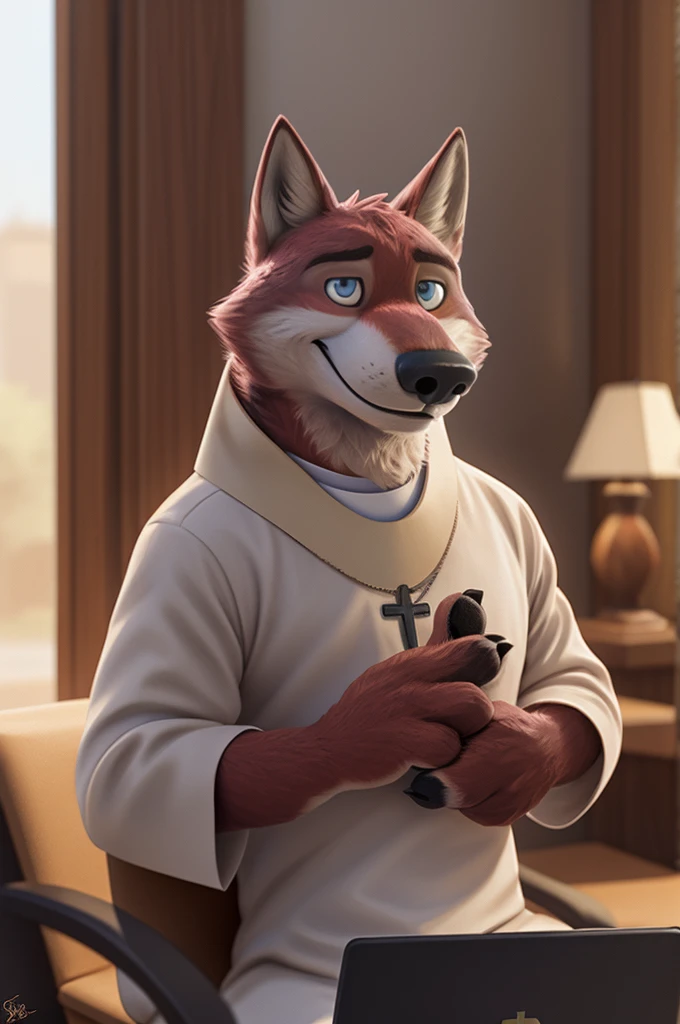 Joachim Wolfbach (Zootopia),tall handsome, wolf,young, 24 years, brown fur,(red body:1.3),Blue eyes, Moscow Dressed,Catholic priest of the Roman Catholic Church, canine, wolf, detailed fur, Male, antro, paw pads, finger claws,holding a laptop, at viewer, 5 fingers, paws, 5 fingers, smile, happy, resting, wrist watch, т nextel, sitting at home watching TV, by xenoforge, (difficult, high detail, film photography, soft focus, RAW, pilot by training,smile смех 
фотореализм, realistic, photorealistic, analog style, subsurface scattering, 
masterpiece, Best quality, ultra realistic, 8 K)