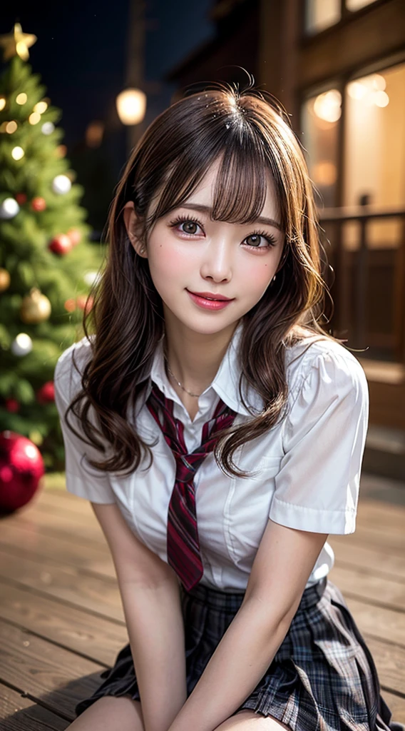 (1cute girl), Extremely cute, Amazing face and eyes, (Beautiful lovely smile), (extremely detailed beautiful face), bright and shiny lips, (School uniform, pleated skirt:1.3), (Best Quality:1.4), (hyper quality), (Ultra-detailed), (hyper-realistic, Photorealsitic:1.37), Authentic skin texture, complex details, extremely detailed CG unified 8k wallpaper, RAW Photos, professional photograpy, Cinematic lighting, exposing, christmas tree, christmas ornaments, christmas decoration, Christmas illuminations, Christmas lighting,