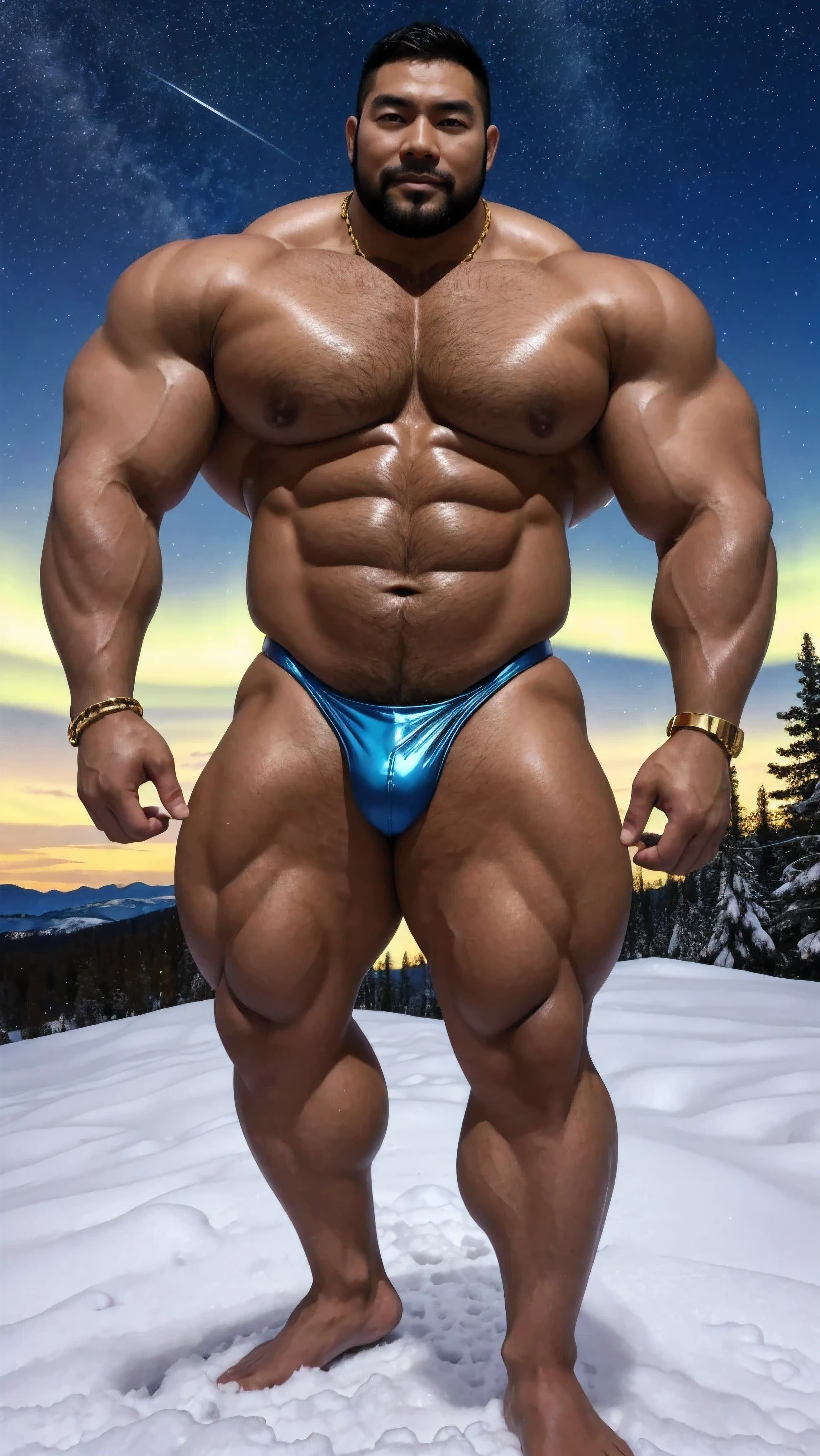 There is only one handsome Chinese man in the photo,35 years old,tall, Fitness,Smooth body,Smooth skin,No chest hair,short hair, O-Shaped Beard,Perfect body, Dark skin color,Radiant Skin,Smooth skin,Shiny, shiny skin,Smooth pectoral muscles,Muscle bulge, muscular, Very large pectoral muscles,Very y abdominal muscles,Very well-developed leg muscles,Huge concave and convex area,Brightens oily skin,Wearing a shiny gold leather thong,Handsome face,Normal human toes,Correct and accurate male body proportions,Gold Collar,Gold bracelet,Gold anklets,Standing in the snow,Night sky,A sky full of stars,There are auroras,Colorful,Charming dream scene,Epic。