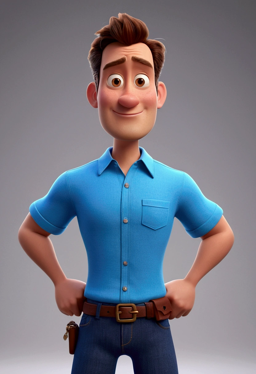 Cartoon character of a man wearing a blue shirt, animated character, stylized character, animation style rendering, 3D stylized, Arnold Maya render, 3D rendering stylized, cartoon key frame rendering, 3D character, 3D character, 3D rendering stylized, 3D rendering of characters, cartoon character, Character close up, Character pose, (Pixar style) (main part:1.2) (hips) (Best quality) (detailed skin) (detailed texture) (8 K) (clay) (cinematic lighting) (Sharp Focus)

