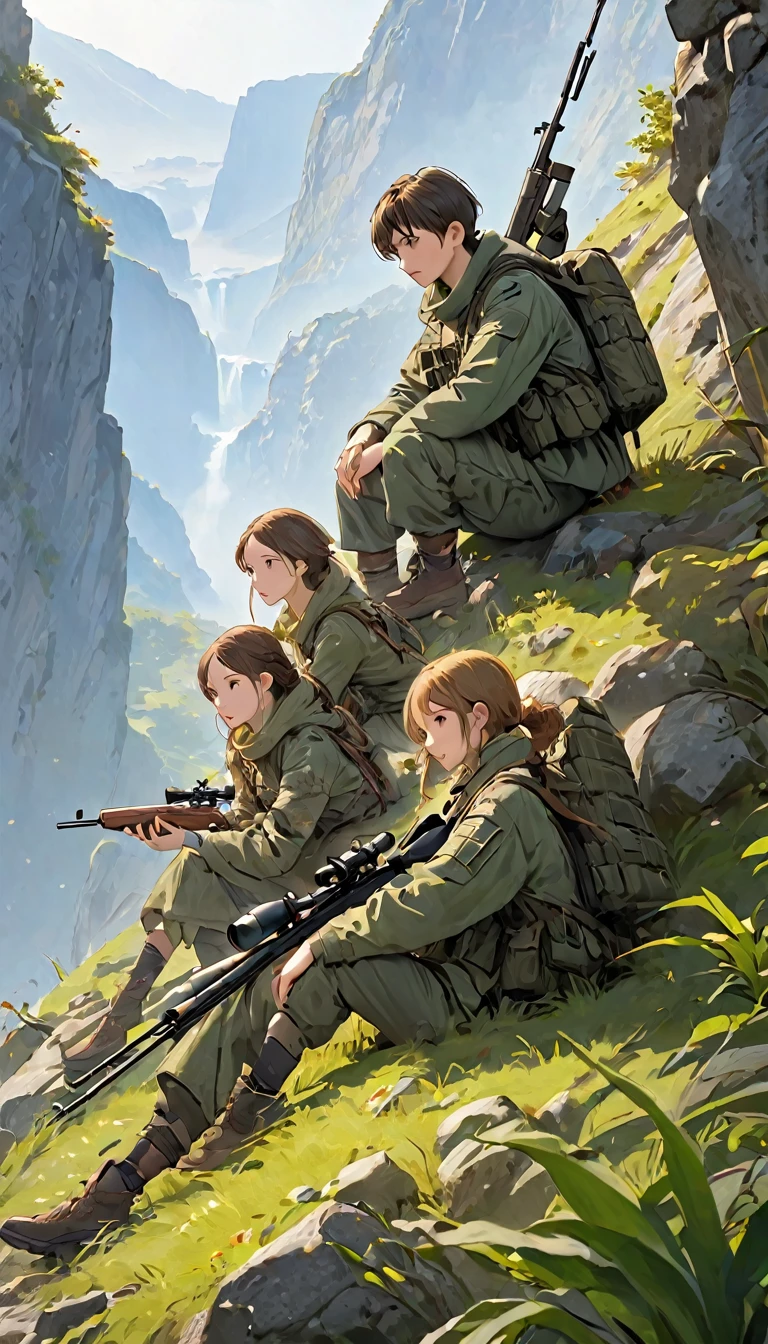 Highest quality、masterpiece、((Highly detailed CG integrated 8K wallpaper)),On top of a small cliff、(((One man and one woman:1.37)))、(((Male spotter、Female Sniper)))、Two-man Cell:1.2、Sniper and Spotter:1.2、(((Spotter observing、Sniper taking a nap)))、Ghillie Suit、