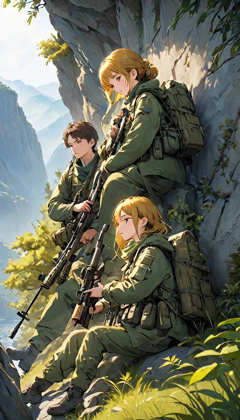 Highest quality、masterpiece、((Highly detailed CG integrated 8K wallpaper)),On top of a small cliff、(((One man and one woman:1.37)))、(((Male spotter、Female Sniper)))、Two-man Cell:1.2、Sniper and Spotter:1.2、(((Spotter observing、Sniper taking a nap)))、Ghillie Suit、