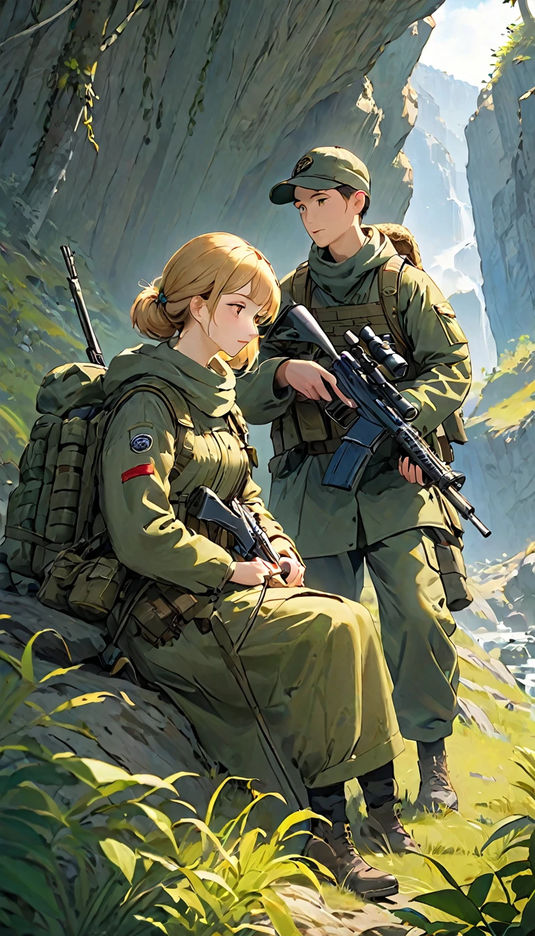 Highest quality、masterpiece、((Highly detailed CG integrated 8K wallpaper)),On top of a small cliff、(((One man and one woman:1.37)))、(((Male spotter、Female Sniper)))、Two-man Cell:1.2、Sniper and Spotter:1.2、(((Spotter observing、Sniper taking a nap)))、Ghillie Suit、