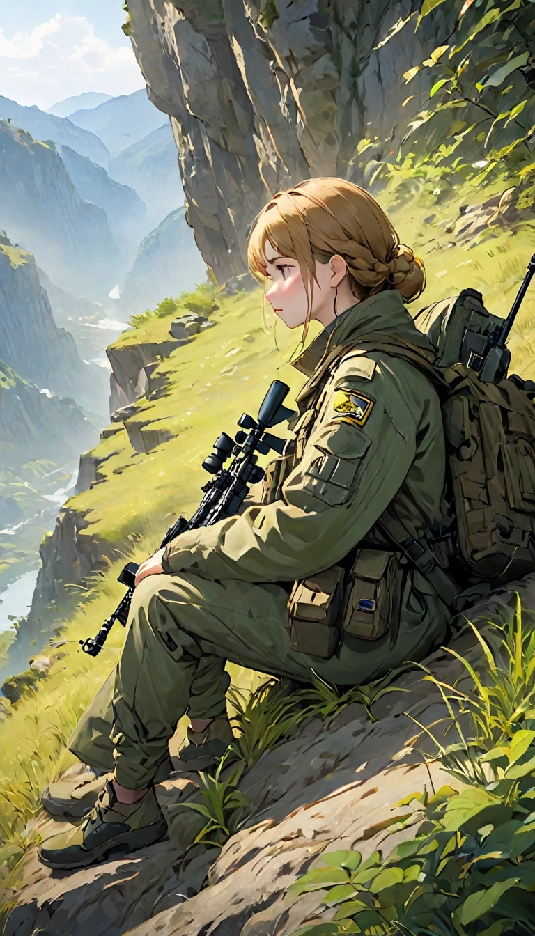 Highest quality、masterpiece、((Highly detailed CG integrated 8K wallpaper)),On top of a small cliff、(((One man and one woman:1.37)))、(((Male spotter、Female Sniper)))、Two-man Cell:1.2、Sniper and Spotter:1.2、(((Spotter observing、Sniper taking a nap)))、Ghillie Suit、