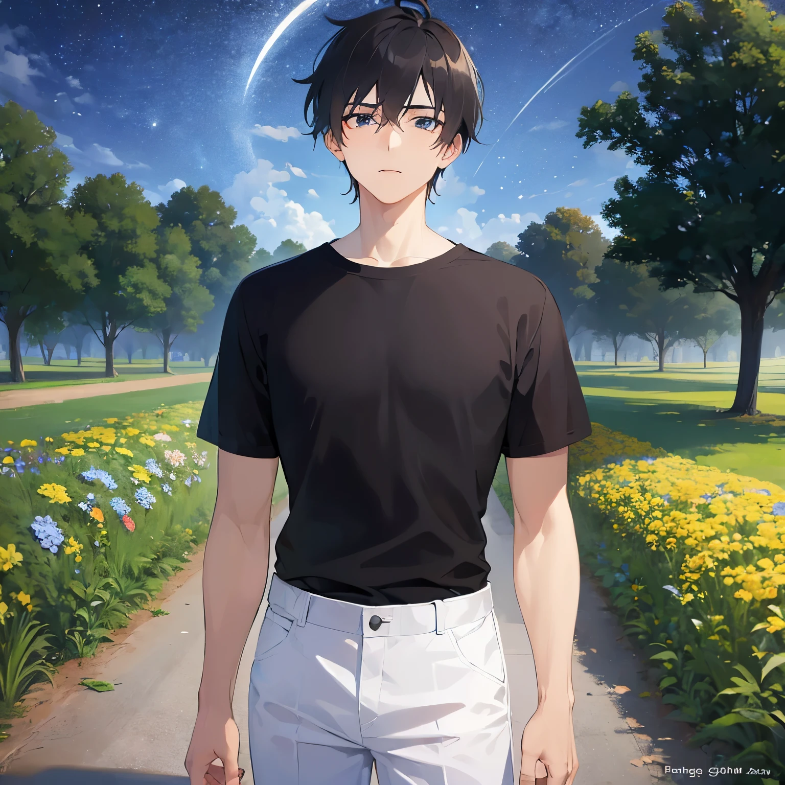 (25-year-old male:1.5) and (Black short hair) and (blue eyes)
(black) and (T-Shirts).(looking away:1.5),upper body,Side shot、
shiny skin, masterpiece、Highest quality、,serious,Are standing、
（Night Park：1.5）、(Night Sky:1.5)、grass,(alone:1.5)
