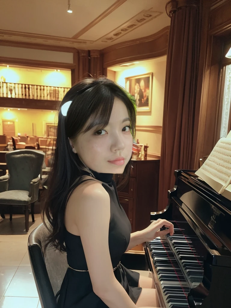 (((Perfect Anatomy))),In the big Opera House、A piano recital held in a dark and solemn atmosphere, A place where packed audiences are enthralled.,Ultra-Realistic 8K,美しい二十歳のpianist,(In the dim darkness、A single beam of light illuminates the performer:1.2),((Sit on a chair, He plays with perfect emotion and fluid finger movements..)),clean,masterpiece,Professionalの淡いアートライトワーク,Famous works,Perfect Face,((Perfect female body)),alone (Immersive atmosphere,Chiaroscuro:1.5),,Great space,Very detailed_Idium Chest,Professional,Because of the deep depth of field、The background is beautifully blurred.,Realistic:1.3,Long Shot,1 girl,pianist,High neck dress, mini skirt dress,Sleeveless,Beautiful woman pulling the piano,Full body shot with focus on the face,Grand piano,(Artificial soft cocktail rays:1.3),(Cinematic Performance:1.3),Spotlight,Great beauty,Best image quality,Professionalの画角,Great details,Ultra-high resolution,Realistic:1.4),Attention to detail,Attention to detail,One girl's focus,(Beautiful long chestnut hair braided together),A delicate, high nose and glossy lips,Beautiful Face,Long limbs like a model,