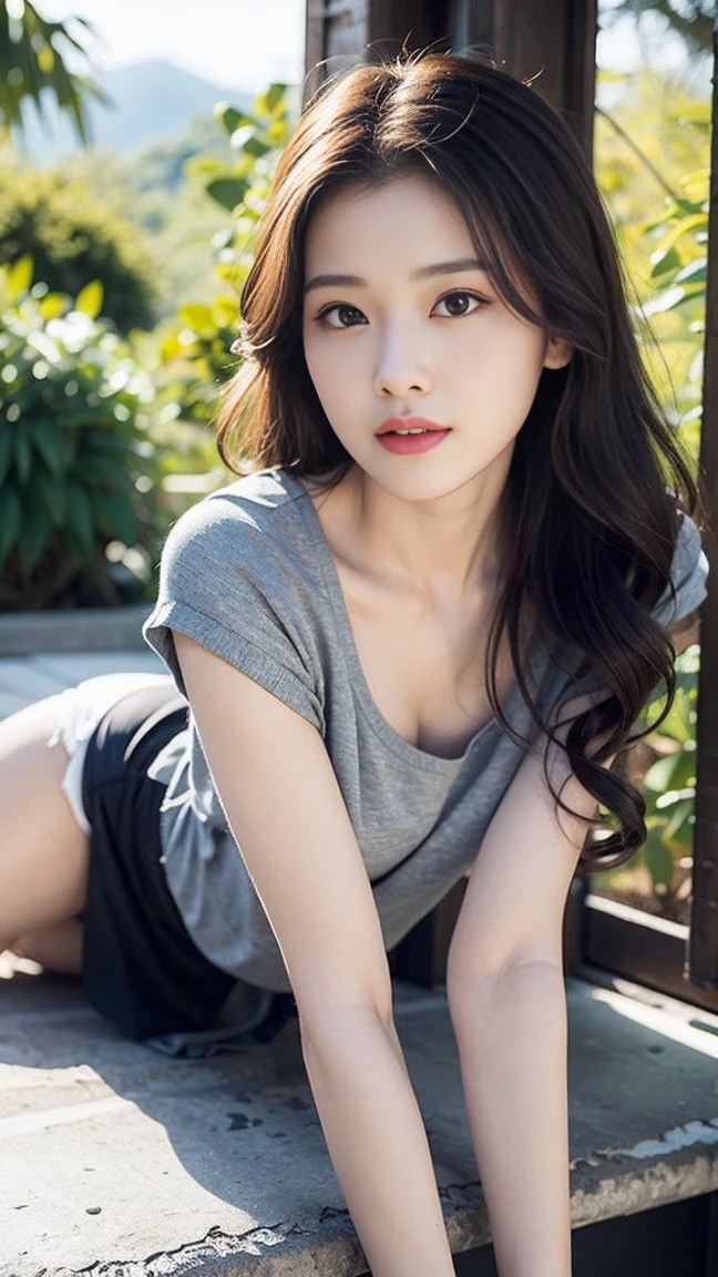 masterpiece, best quality, Surrealism, Extremely detailed, 8k resolution, RAW photos, Be focused, (A girl in the forest), ((Light gray shirt)), sleeveless, sports Shorts,, solitary, Perfect body, Perfect body, 刘海到eyebrow毛、Beautiful brown hair、Beautiful and delicate eyes、Brown eyes、扬起eyebrow毛、刘海到eyebrow毛、Beautiful brown hair、Beautiful and delicate eyes、Long legs,Brown eyes、扬起eyebrow毛、high nose、Small nostril、Little mouth、Tempting lipouth sLightly open、Beautiful breasts、whole body、Oval face,Phoenix eye,eyebrow, Double eyelids, Long eyelashes, A faint smile, whole body照:1.2,She has a pair of eyes as clear as water,eyebrows are like distant mountains,Cream-colored skin,Cherry Blossom Lips,玉Long legs如柳枝, A faint smile, whole body照:1.2,Dynamic poses,Playful and provocative pose,The calves are straight and thin:1.5,Wear high-end brand colorful sneakers:1.5,The gentle goddess takes gentle steps, Chest 32 inches,(Charming smile:1.2), (Sexy pose),26 years old, Light,White shoes,