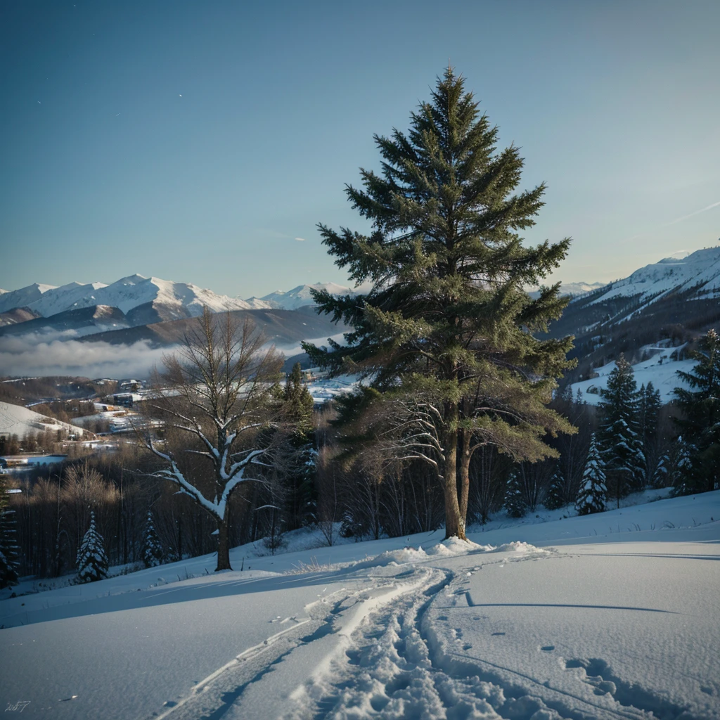 A lone green tree on a snowy hill, high-key lighting