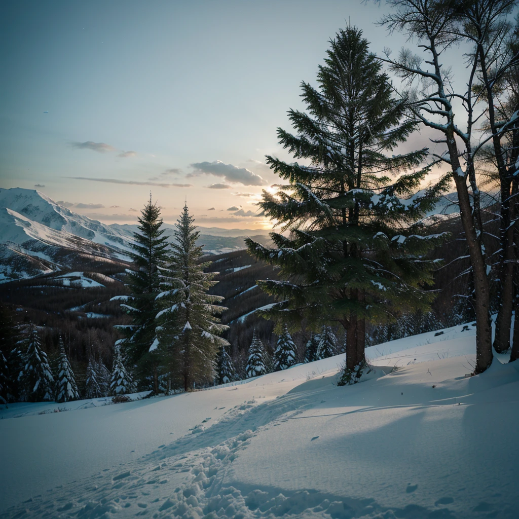 A lone green tree on a snowy hill, high-key lighting