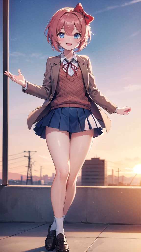 Masterpiece, perfect lighting, (beautiful, Best quality: 1.3), ddlcsayori, ddlcsayori, Perfect eyes, absurd, 8k, 1 girl, alone, (absurds), finely detailed, perfect hands, perfect anatomy, very large, smiling, in love , looking at viewer, posing coquettishly, slightly exposed thighs, wide open eyes, blue, hair between eyes, hair bow, hair ornament, pink hair, red bow, short hair, (small chest: 1.2), stockings white, blue skirt, pleated skirt, skirt, brown jacket, jacket, sitting in the park at sunset in Monterrey