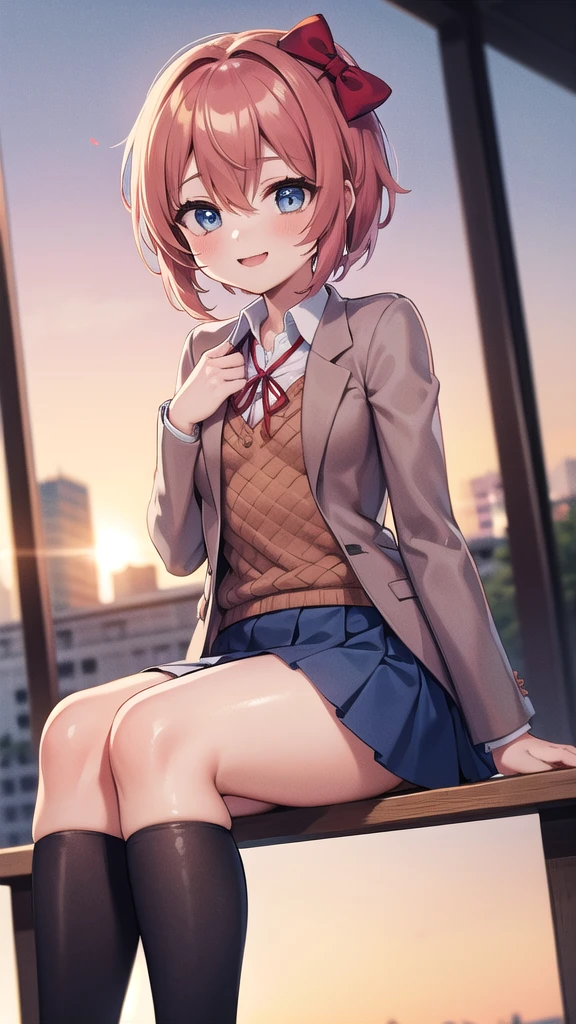 Masterpiece, perfect lighting, (beautiful, Best quality: 1.3), ddlcsayori, ddlcsayori, Perfect eyes, absurd, 8k, 1 girl, alone, (absurds), finely detailed, perfect hands, perfect anatomy, very large, smiling, in love , looking at viewer, posing coquettishly, slightly exposed thighs, wide open eyes, blue, hair between eyes, hair bow, hair ornament, pink hair, red bow, short hair, (small chest: 1.2), stockings white, blue skirt, pleated skirt, skirt, brown jacket, jacket, sitting in the park at sunset in Monterrey