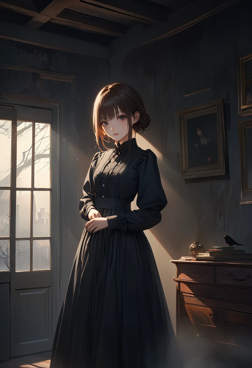 One girl standing, A face with attention to detail, View your viewers, Black clothes, Full Body Shot, In the fog, Beautiful Face, Perfect Face, highly detailed Beautiful Face, (Very detailed美しい目), (Rebuttal on cgsociety, Streaming),((Black Shadow:1.5)), Unlit room, (Old house in the dark night:1.4), Romanticism, Atmospheric, RAW Photos, Highest quality, Realistic, photo-Realistic, masterpiece, Very delicate and beautiful, Very detailed,