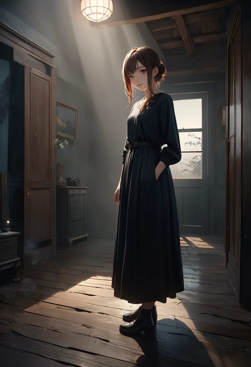 One girl standing, A face with attention to detail, View your viewers, Black clothes, Full Body Shot, In the fog, Beautiful Face, Perfect Face, highly detailed Beautiful Face, (Very detailed美しい目), (Rebuttal on cgsociety, Streaming),((Black Shadow:1.5)), Unlit room, (Old house in the dark night:1.4), Romanticism, Atmospheric, RAW Photos, Highest quality, Realistic, photo-Realistic, masterpiece, Very delicate and beautiful, Very detailed,