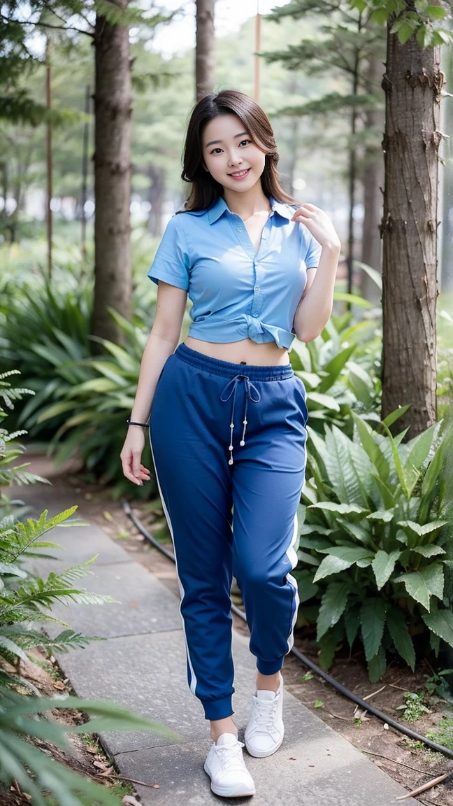 masterpiece, best quality, Surreal, Ultra Detailed, 8K resolution, RAW photos, Clear focus, (A girl in the forest), ((navy blue shirt:1.1)), sleeveless, Long sweatpants,Full body posture, Solitary, Perfect body, Become a, 36 inches in the chest,(a charming smile:1), (sexy pose),26 years old, light,White shoes,