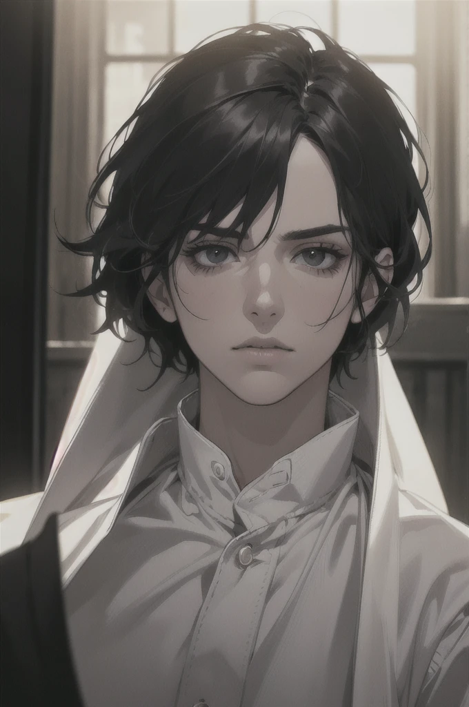 a mature man with a broad jawline wearing a black coat, black vest, and white shirt, with short black hair, black eyes, and pale white skin, dark circles under his tired eyes, a vivid and elegant masculine portrait, (best quality, masterpiece, detailed, photorealistic, 8K, ultra-detailed, hyper-realistic, dramatic lighting, cinematic, depth of field, chiaroscuro) deep character.