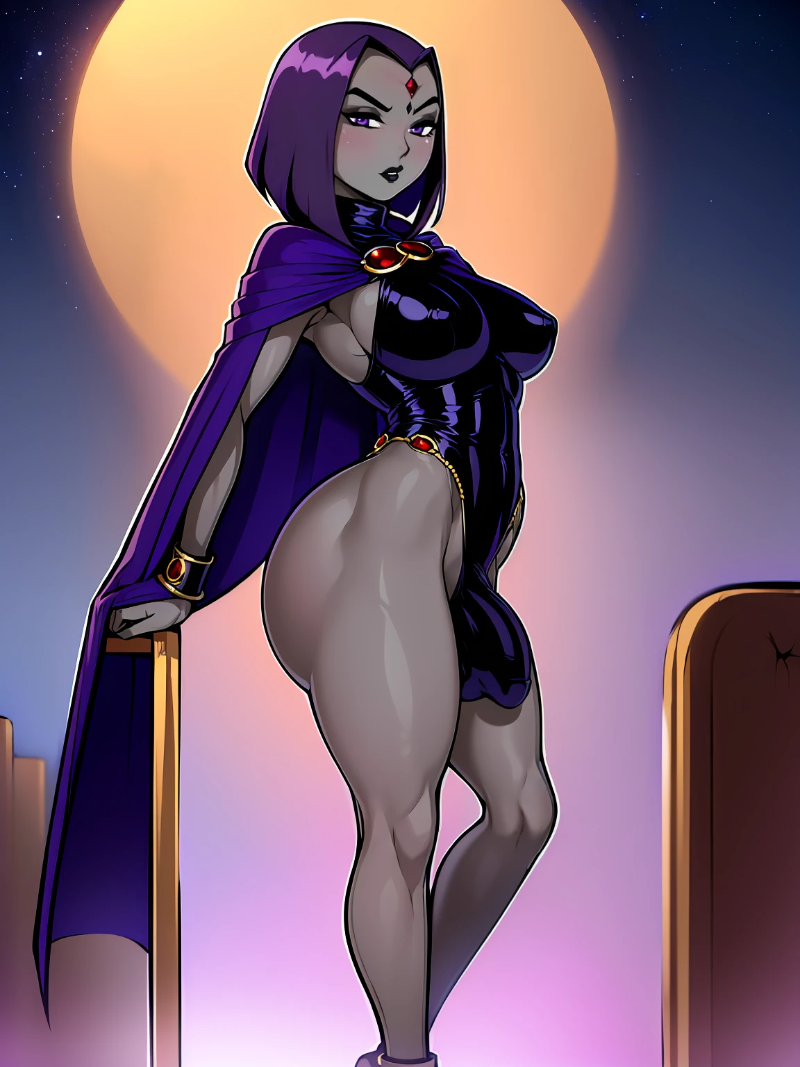 (solo:1.1),(masterpiece), (best quality:1.3), ultra detailed, intricate, professional art, digital art, absurdres, shadraven, (Full body view:1.1), 1girl, solo, (grey skin:1.4), dark purple hair, bob hair, purple eyes, hips wider than shoulders, pear shaped body, jewellery, detailed thighs, thick thighs, red jewel in forehead, jewels, (long sleeved turtleneck leotard:1.3), cuffs, small breasts, (shadraven cloak), (Shadraven broach:1.2), Shadraven jewel belt, Shadraven wearing a long sleeved leotard outside at night, long legs, ( long crotch bulge:1.4), large penis, large testicles, side angle view, looking at viewer, bubble butt , gluteal crease, universal lighting,,