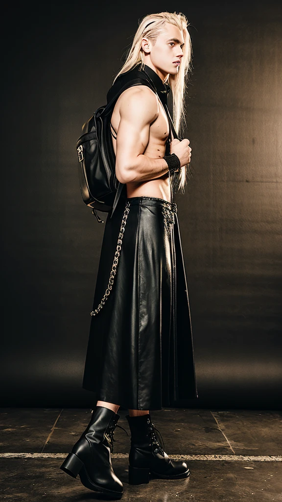 Alternative faceless musculed and tall long sliver blonde hair boy walking in black punk plataform boots and a long skirt in a vintage style, a black backpack, musculed legs and solid background