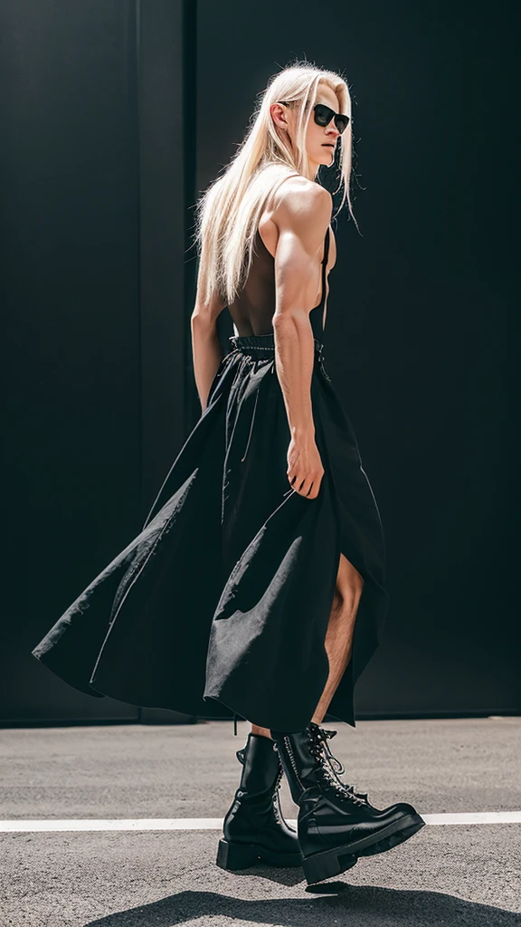 Alternative faceless musculed and tall long sliver blonde hair boy walking in black punk plataform boots and a long skirt in a vintage style, a black backpack, musculed legs and solid background 