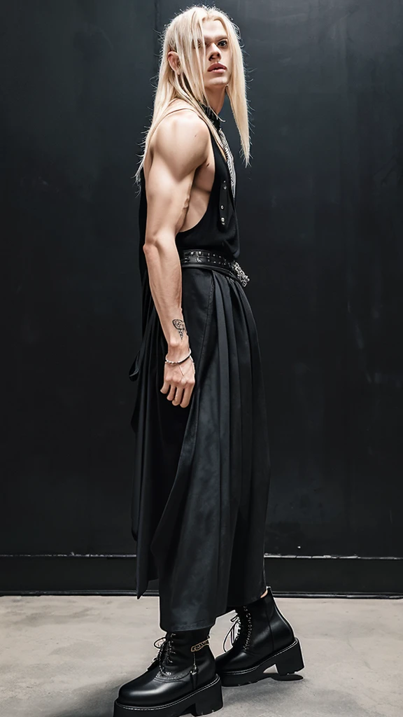Alternative faceless musculed and tall long sliver blonde hair boy walking in black punk plataform boots and a long skirt in a vintage style, a black backpack, musculed legs and solid background 