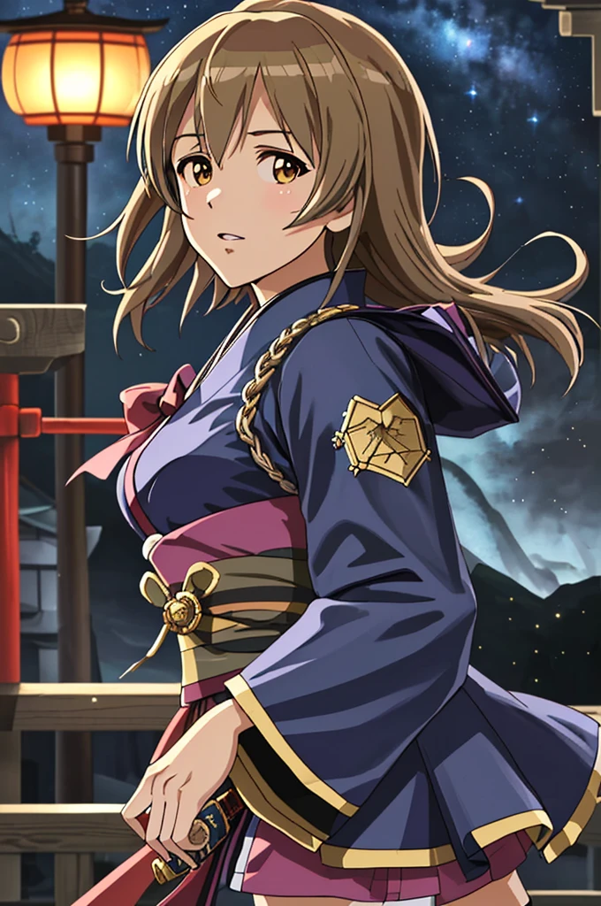 Highest quality，High resolution， (((Yukiho Hagiwara))) ，((Idolmaster)) ，（fan），One person，warrior，（dark blue_coat），kimono，Young woman，Bob，One personで，strongest，Anime Style，（Milky Way_background），(Limbs)，(Full Finger)，(Accurate fingertips), (The finer details), (Super detailed)，(Japanese sword:)，4K，(high resolution)，whole body, (Front angle), Looking at the camera,masterpiece，(Subtle details)，(Intricate details)，Octane Rendering，(Hyper Detail)，