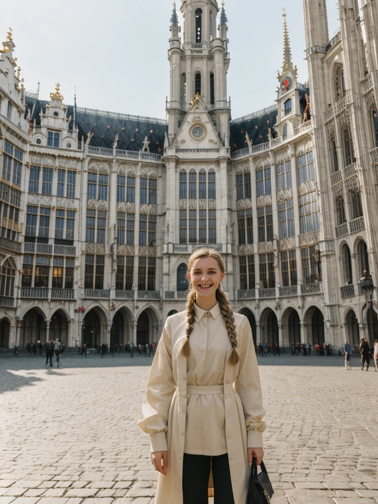 her name is Chrsotine, high quality, 1girl, ((20-year-old fit Caucasian woman)), ((20 years old)), ((fit)), ((Halo Braid)), pose: standing, wearing unique Generation-Z modern wear, BACKGROUND: Grand Place, Brussels: Stunning architecture and vibrant city life, smiling