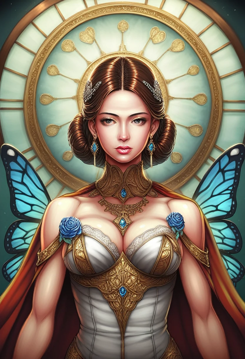 8k portrait of beautiful cyborg with brown hair, intricate, elegant, highly detailed, majestic, digital photography, art by artgerm and ruan jia and greg rutkowski surreal painting gold butterfly filigree, broken glass, (masterpiece, sidelighting, finely detailed beautiful eyes: 1.2), hdr,