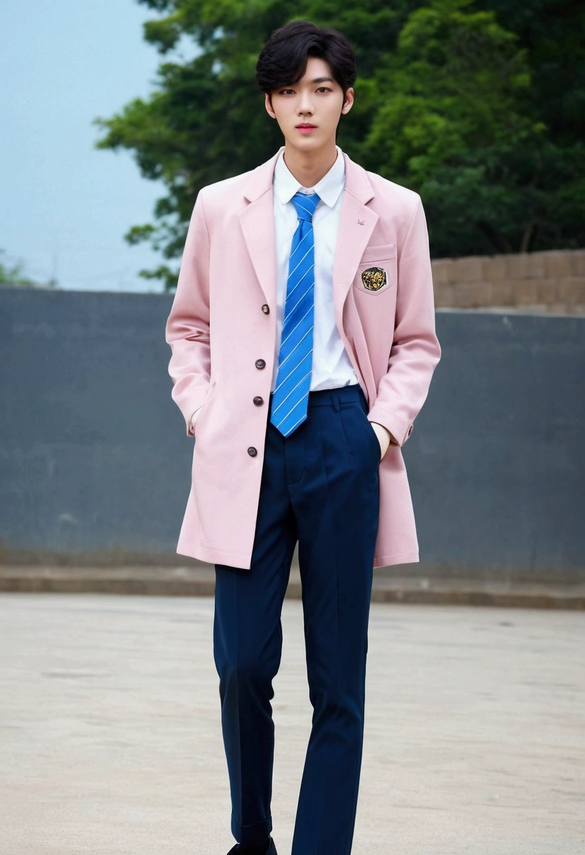 ((best quality)), ((masterpiece)), (detailed) hot and handsome but tall asian Boy with milky white skin tone, light brown but black hair, light pink lips full body pic going school in kpop school dress with blue school coat, white tshirt and blue tie and pant full body pic