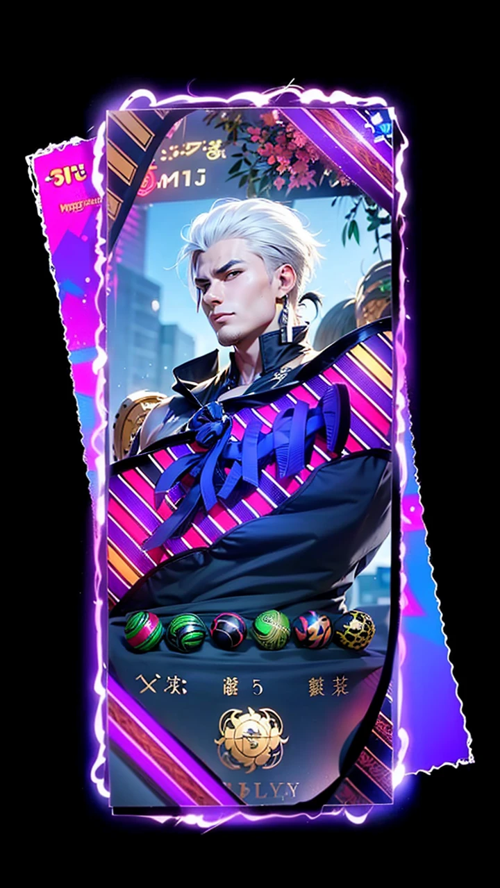 masculine male, masterpiece, ((perfect eyes)) best quality, (semirealism:1.9), beautiful lighting, (extremely detailed CG unity 4k fhd wallpaper), High Detail, Sharp focus, dramatic outdoors, 1 boy ,19 years old, white hair, light purpel eyes, smile.