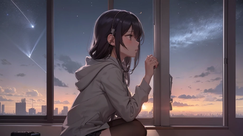 Ultra-high resolution, 8k, (Masterpiece, beautifully、mysterious:1.2), beautiful, Works by Makoto Xin Haicheng, Lofi Art Style, Lo-fi feel, Perfect human body engineering, 1 female, profile, mysteriousな瞳, Hoodie, uniform and short skirt, Shiny long black hair, Larger than average bust, Listening to music through headphones, Looking out the window, City Room, A room for music lovers, city view from the window, Impressive cityscape, Bright Sky, meteor, Wide angle, Before dusk