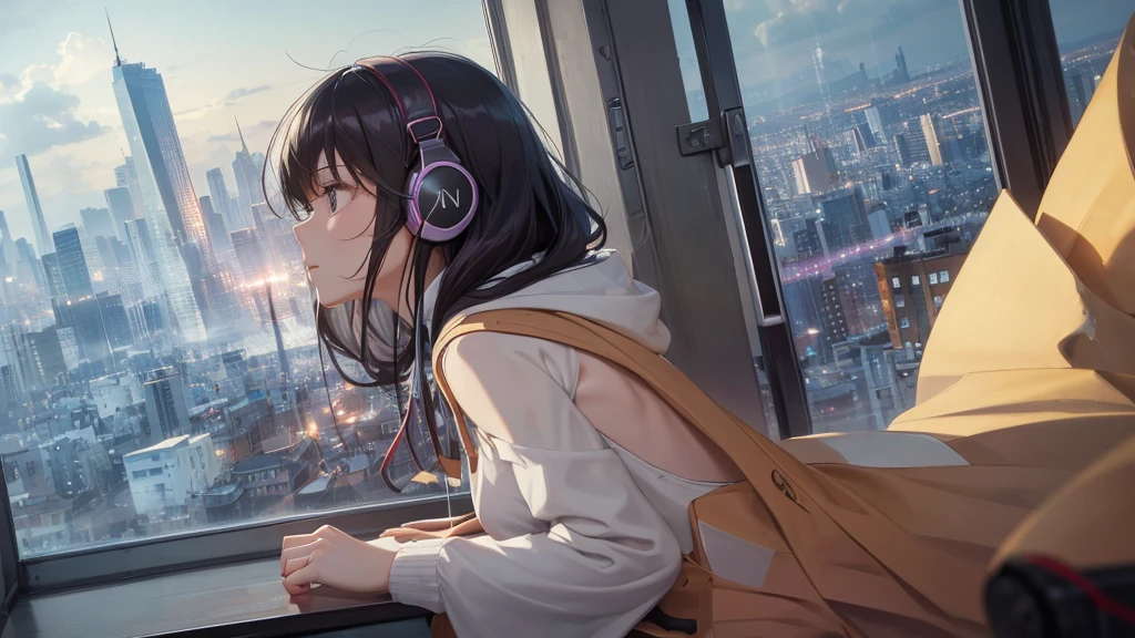 Ultra-high resolution, 8k, (Masterpiece, beautifully、mysterious:1.2), beautiful, Works by Makoto Xin Haicheng, Lofi Art Style, Lo-fi feel, Perfect human body engineering, 1 female, profile, mysteriousな瞳, Hoodie, uniform and short skirt, Shiny long black hair, Larger than average bust, Listening to music through headphones, Looking out the window, City Room, A room for music lovers, city view from the window, Impressive cityscape, Bright Sky, meteor, Wide angle, Before dusk