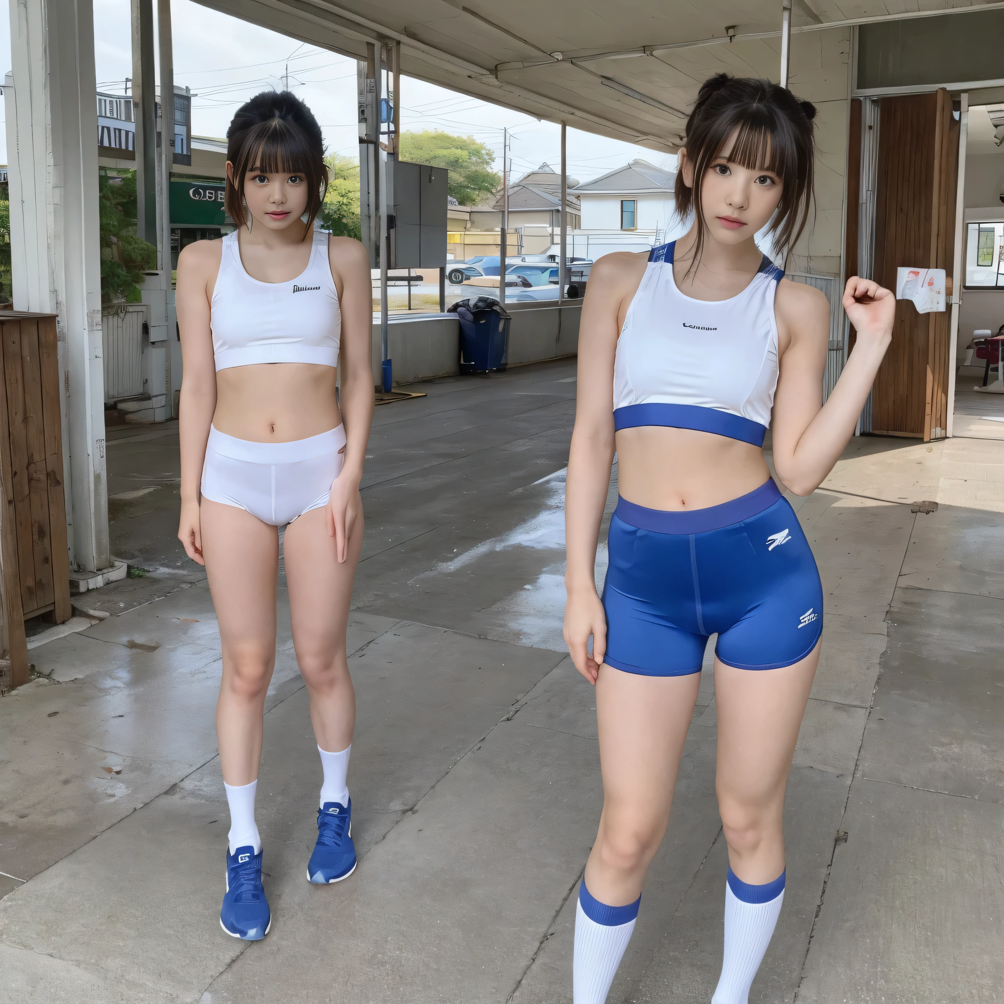  Japanese Girl, Sports bra, Bloomers made by Capital Ace、Bloomers made by CAPITAL ACE、Cobalt Blue Bloomers, bloomers, pointy big breasts, very small nipples, Sandy bloomers、Thin legs,Long white socks ,Embarrassed face, open small, View from below、Dirty full body view、Small buttocks with rough skin