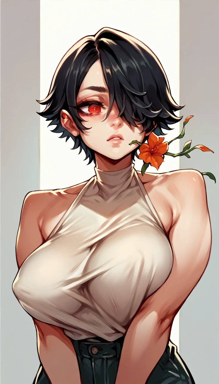 score_9, score_8_up, score_7_up, score_6_up, score_5_up, score_4_up,(Black Hair),(Orange inner color),short hair,(Red eyes),Gentle expression,(((Hair on one eye))),very big breasts,Erect nipples,
