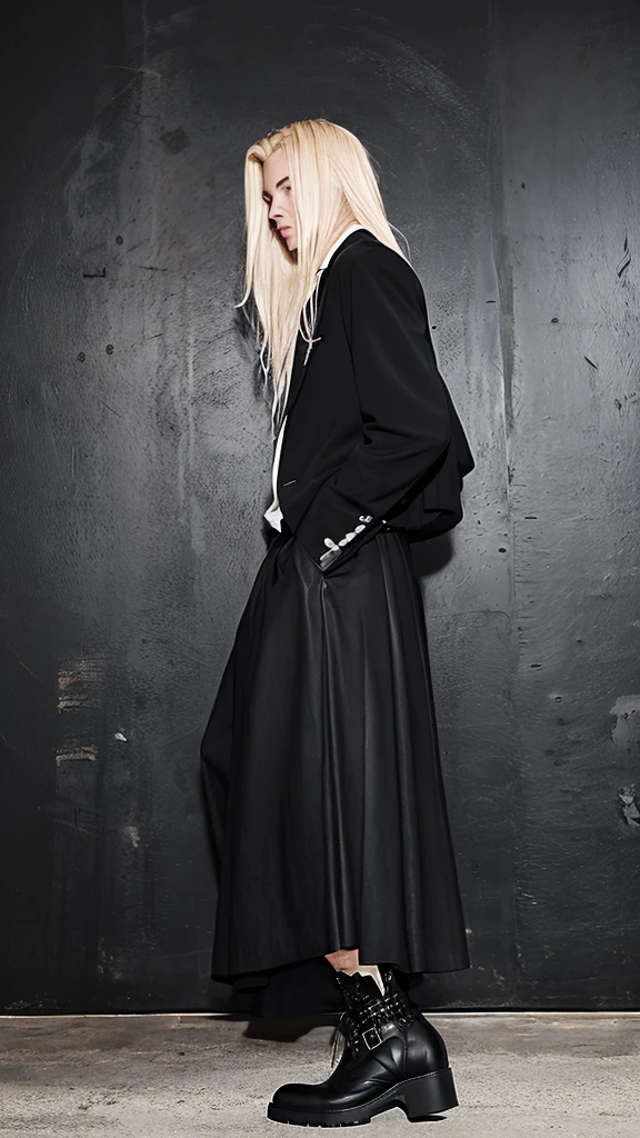 Alternative faceless musculed and tall long sliver blonde hair boy walking in black punk plataform boots and a long skirt in a vintage style, a black backpack, musculed legs and solid background