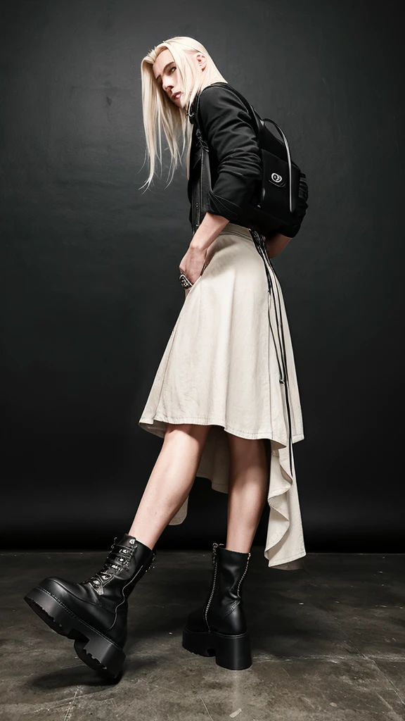 Alternative faceless musculed and tall long sliver blonde hair boy walking in black punk plataform boots and a long skirt in a vintage style, a black backpack, musculed legs and solid background 