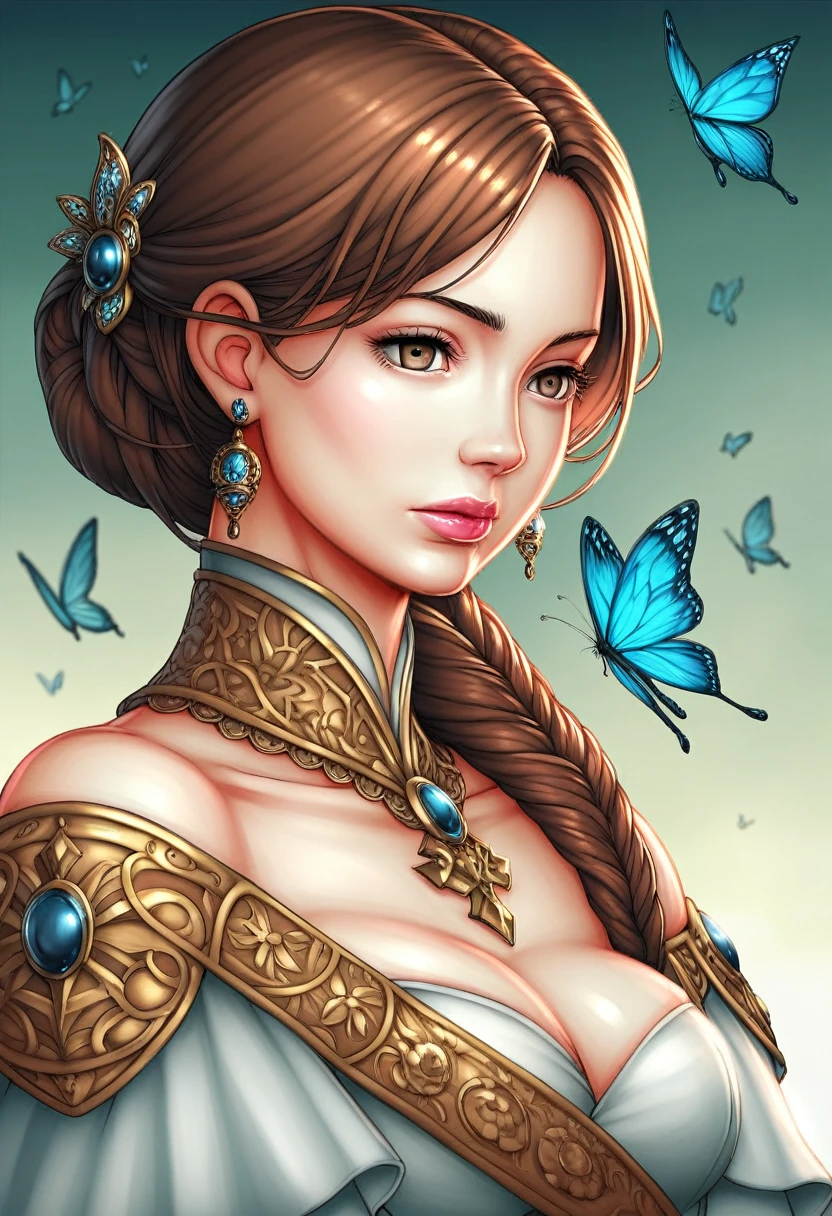 8k portrait of beautiful cyborg with brown hair, intricate, elegant, highly detailed, majestic, digital photography, art by artgerm and ruan jia and greg rutkowski surreal painting gold butterfly filigree, broken glass, (masterpiece, sidelighting, finely detailed beautiful eyes: 1.2), hdr, 