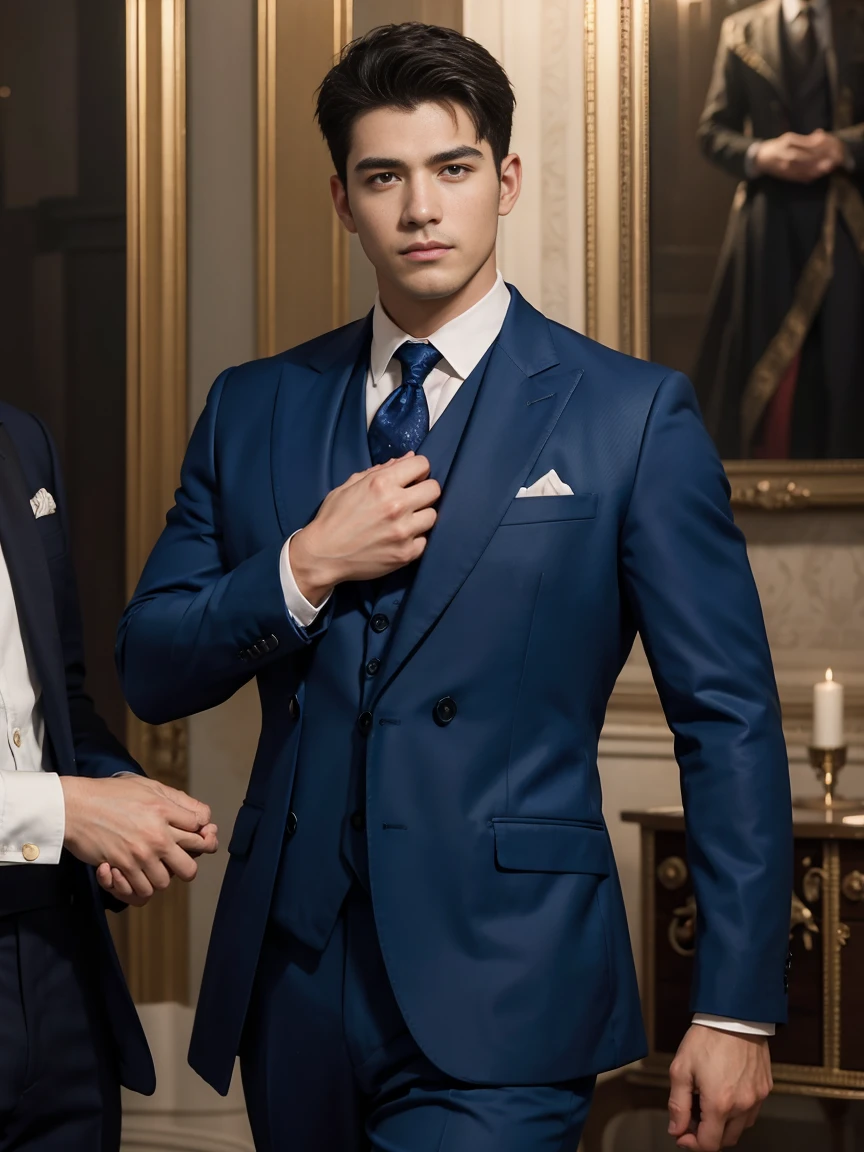 ((masterpiece)),((best quality)),8K,high detail,Very detailed, Very manly，3 men, like，fashion pose, Realistic skin texture, Light,
Royal blue style couple，Perfect hand details