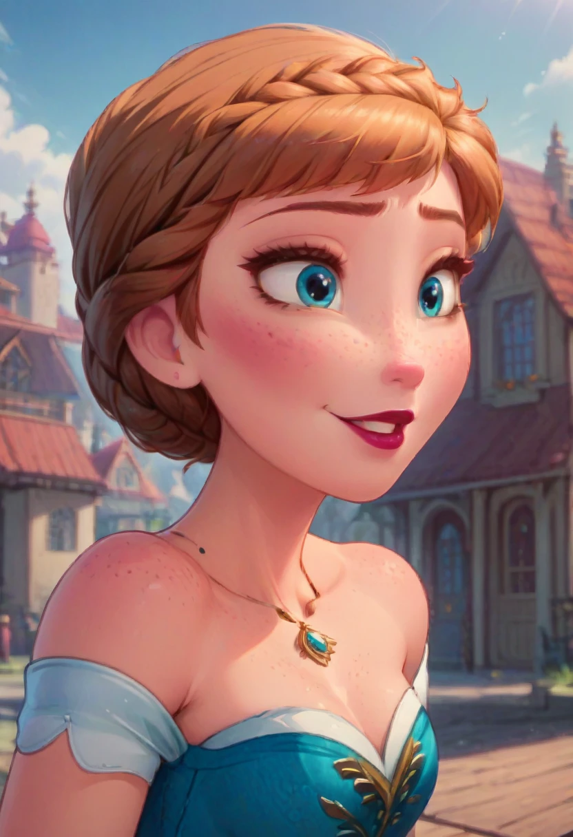 ((masterpiece, best quality)), Disney reference, (Anna), Anna grins, lipstick, freckles on face, upper body: bare shoulders, skinny 