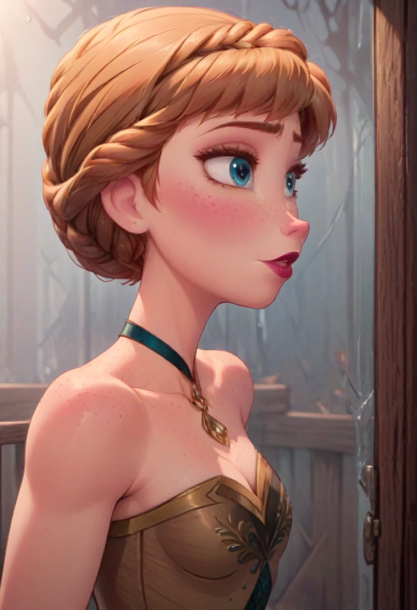 ((masterpiece, best quality)), Disney reference, (Anna), Anna grins, lipstick, freckles on face, upper body: bare shoulders, skinny 