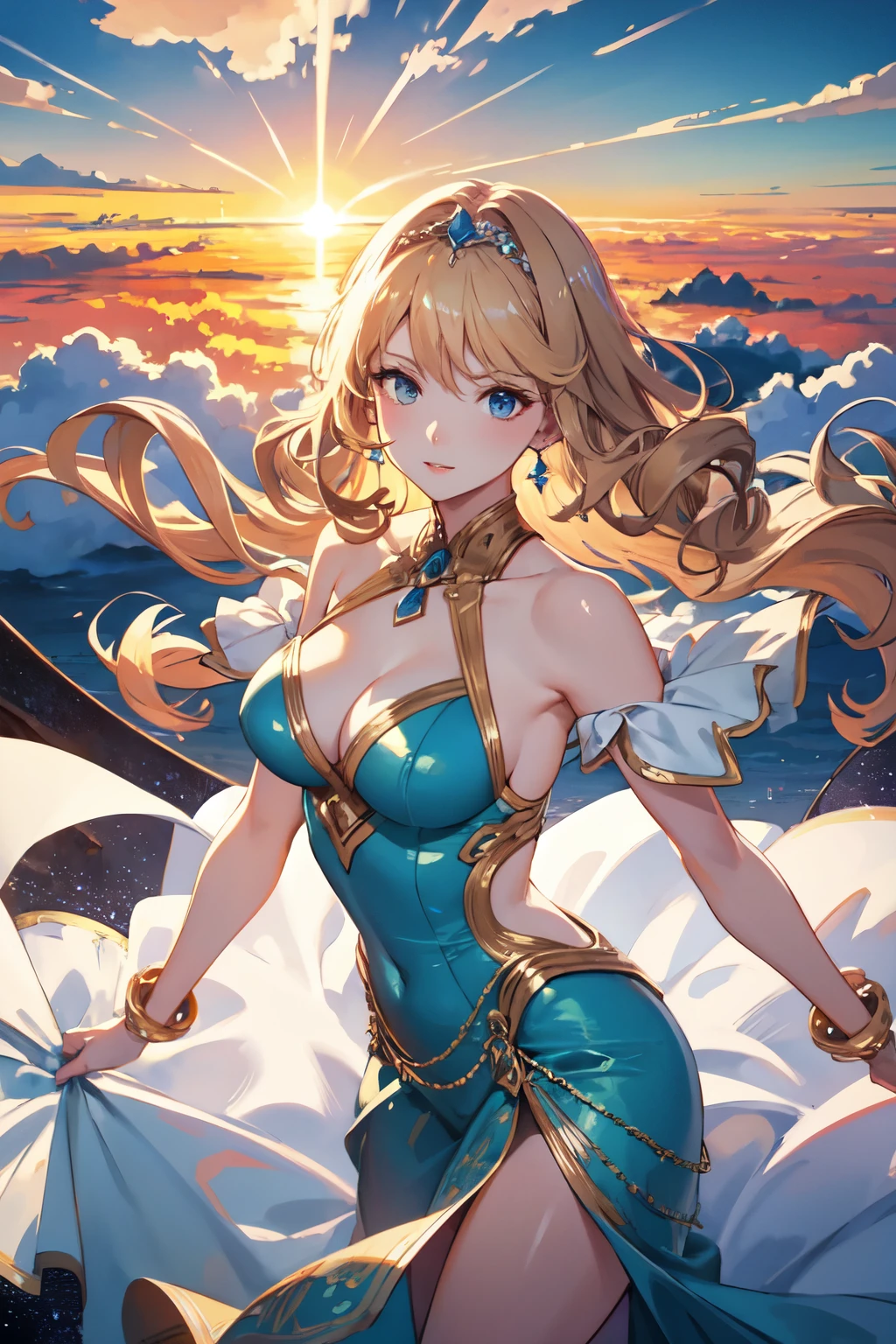 ((Highest quality)), ((masterpiece)), (detailed), Perfect Face, Perfect Arms, Perfect hands, Perfect Fingers, anime, Ultra-fine illustration, ((One beautiful woman)), Glamorous figure, Curly Hair, ((goddess)), sun, (Illuminate with light:1.3), (Above the Clouds:1.3), (skyline:1.2), Cowboy Shot,