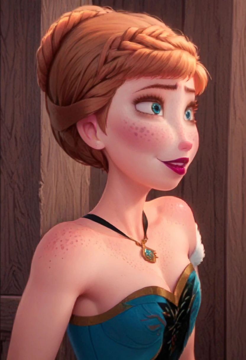 ((masterpiece, best quality)), Disney reference, (Anna), Anna grins, lipstick, freckles on face, upper body: bare shoulders, skinny 