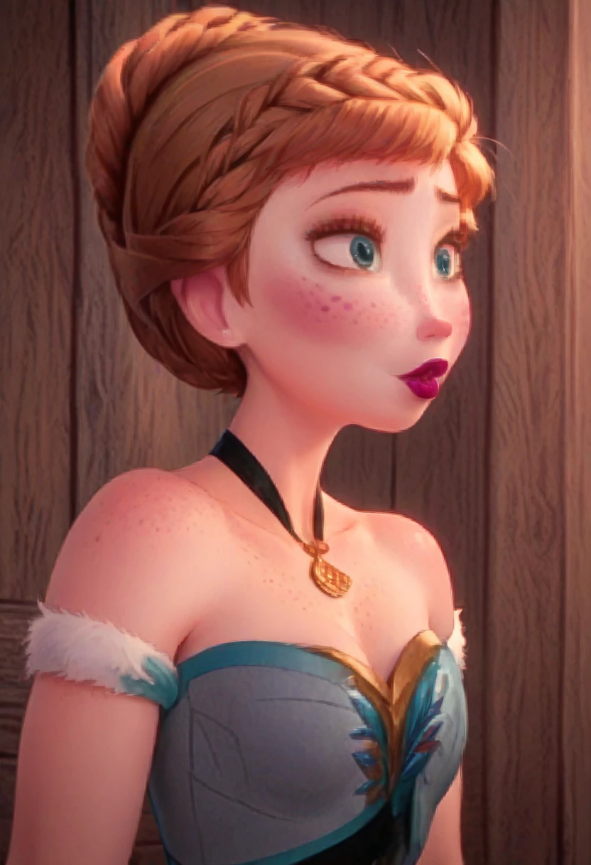 ((masterpiece, best quality)), Disney reference, (Anna), Anna grins, lipstick, freckles on face, upper body: bare shoulders, skinny 